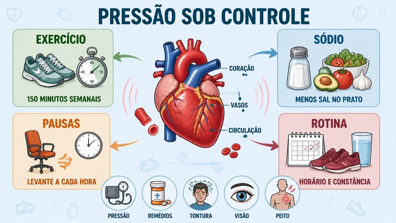 Exercício, menos sódio, pausas ativas e rotina fortalecem o controle pressórico.