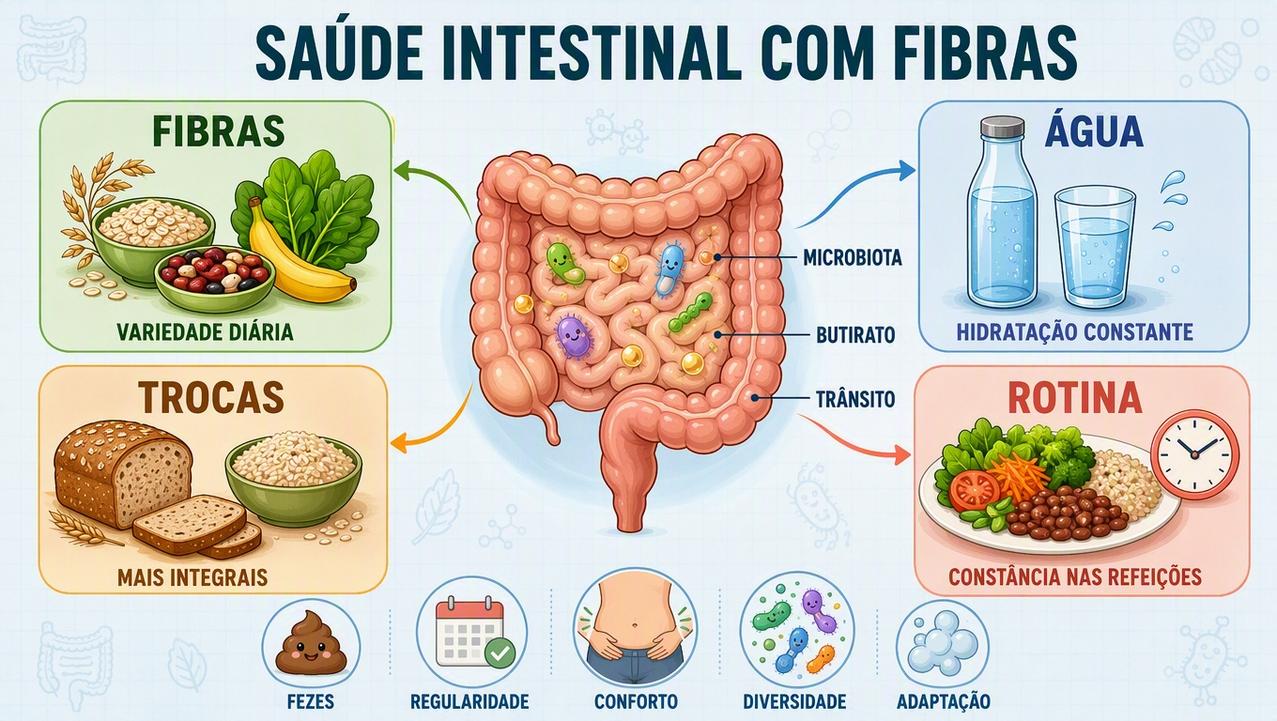 Fibras, água, trocas integrais e rotina sustentam o equilíbrio intestinal.
