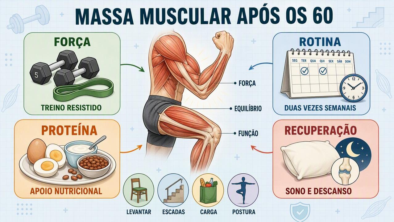 Quatro pilares para manter massa muscular, força, função e independência após os 60.