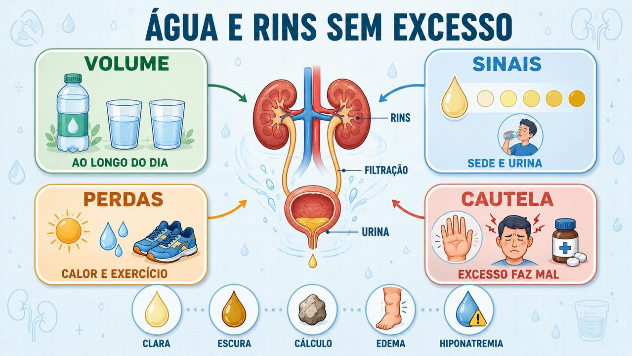 Infográfico resume volume ideal, sinais, perdas diárias e riscos do excesso.