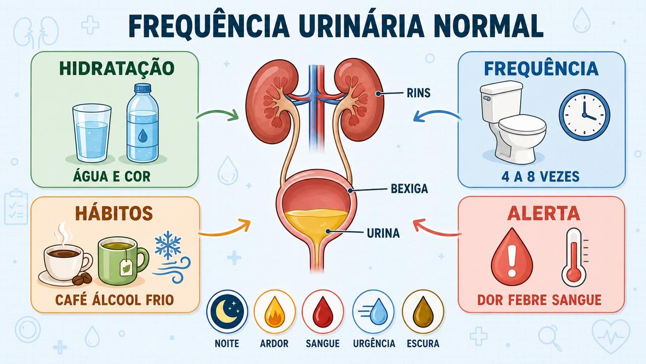 Infográfico resume hidratação, frequência, hábitos e sinais de alerta urinário.
