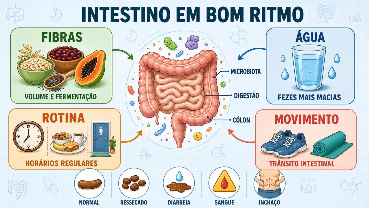 Fibras, água, rotina e movimento ajudam intestino e microbiota a funcionarem melhor.