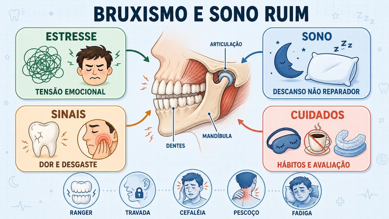 Estresse, sono ruim, sinais orais e cuidados formam os pilares do bruxismo.