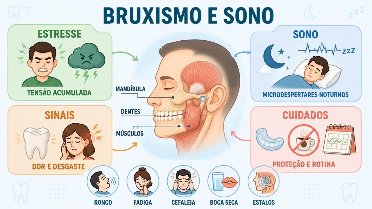 Estresse, sono fragmentado, sinais matinais e cuidados ajudam a entender o bruxismo.