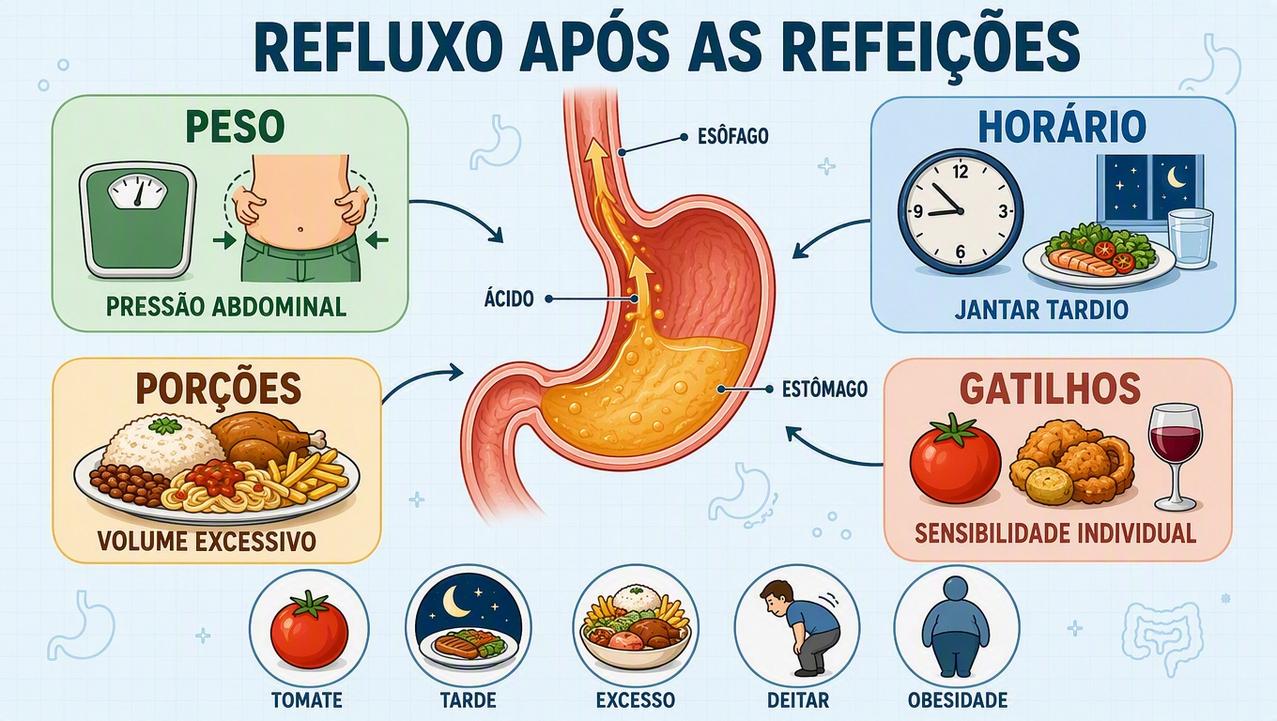 Peso, horário, porções e sensibilidade individual influenciam os sintomas de refluxo.