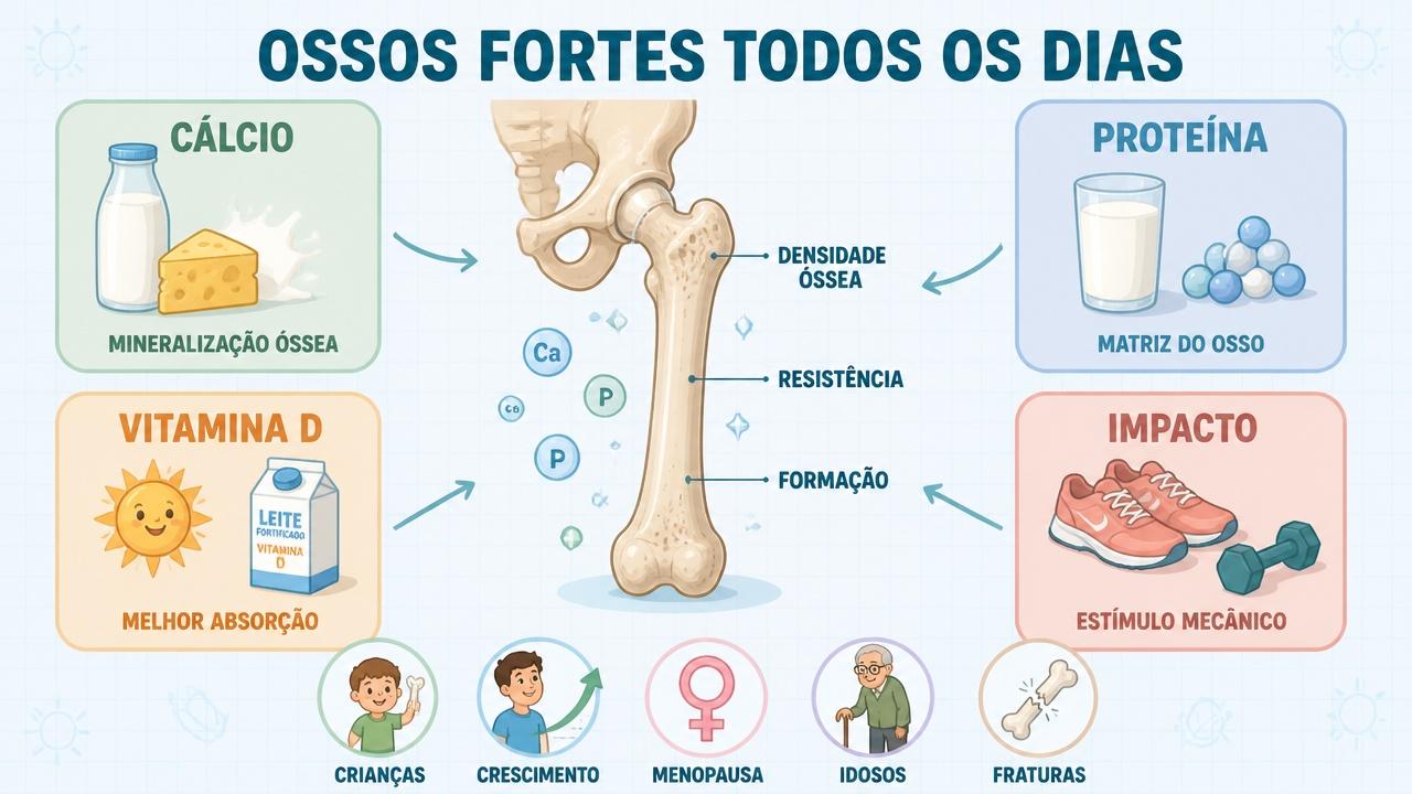 Cálcio, proteína, vitamina D e impacto leve sustentam ossos mais fortes.