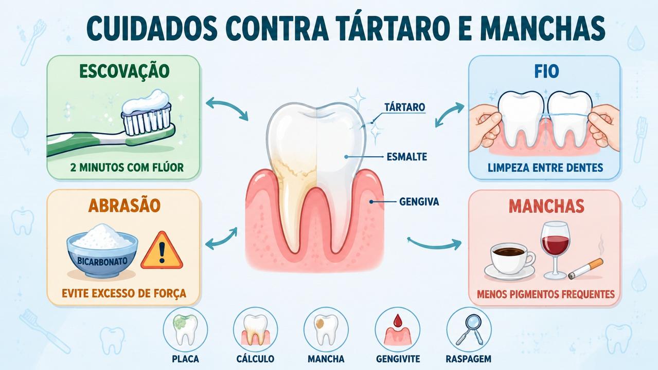 Escovação, fio dental, menos abrasão e controle de manchas previnem novo tártaro.