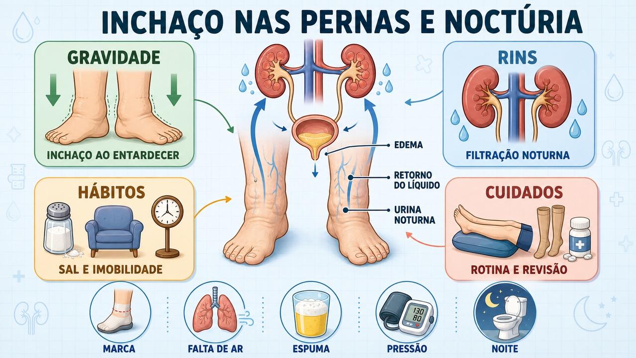 Gravidade, rins, hábitos e cuidados explicam a relação entre edema e noctúria.
