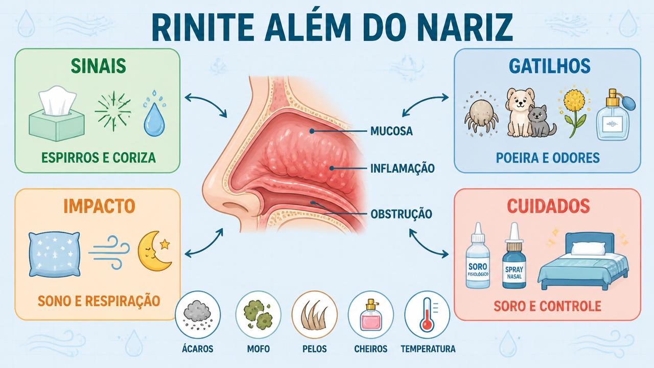 Infográfico resume sinais, gatilhos, impactos e cuidados ligados à rinite.