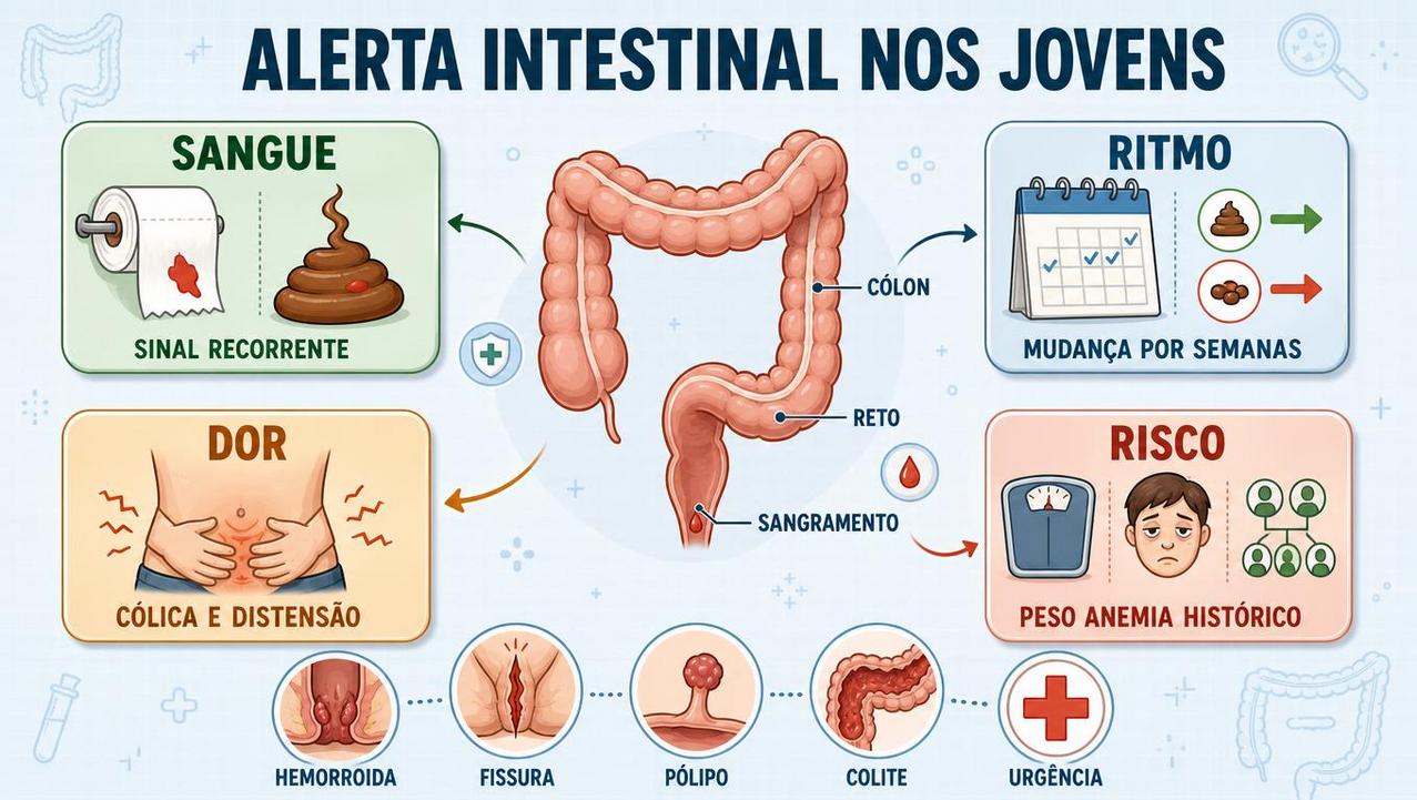 Infográfico resume sinais persistentes e fatores que justificam investigar câncer colorretal precocemente.