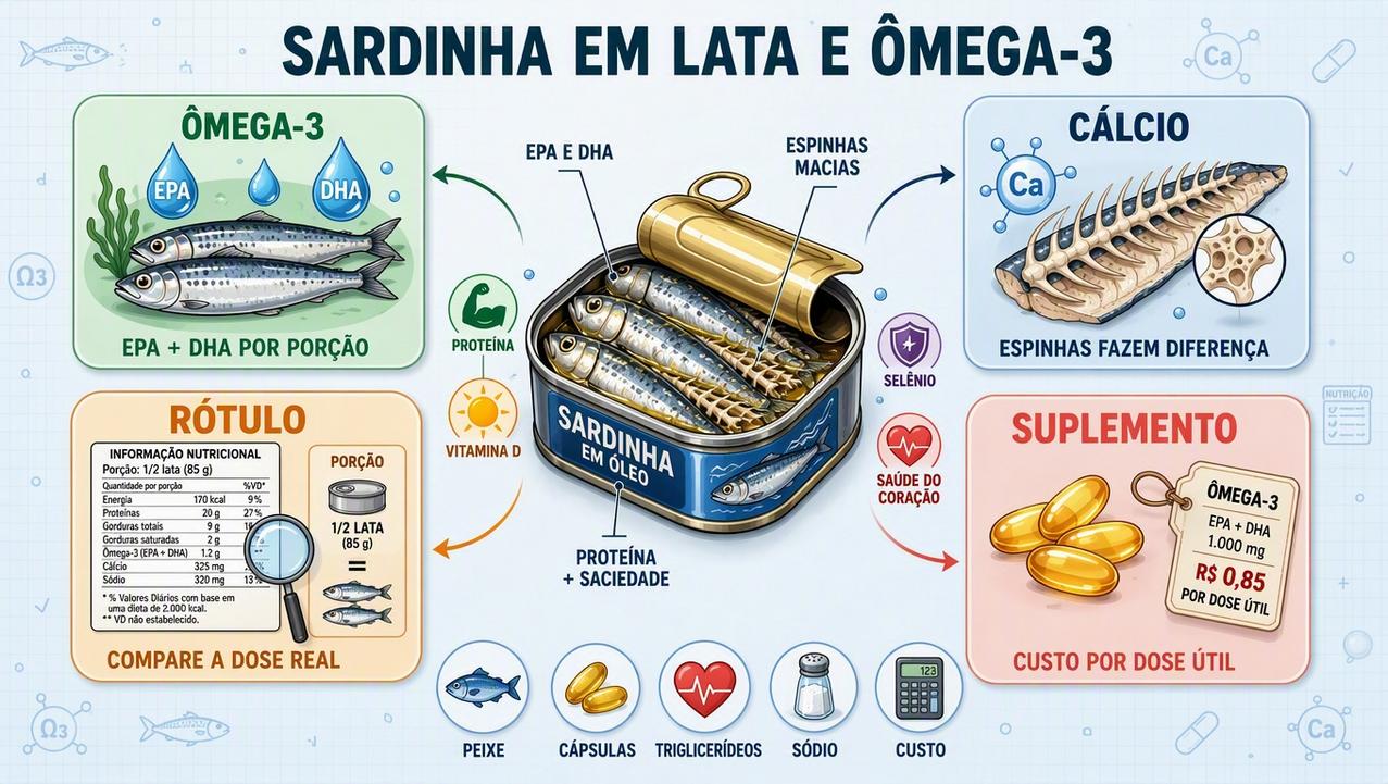 Infográfico resume ômega-3, cálcio, rótulo e custo por dose efetiva.