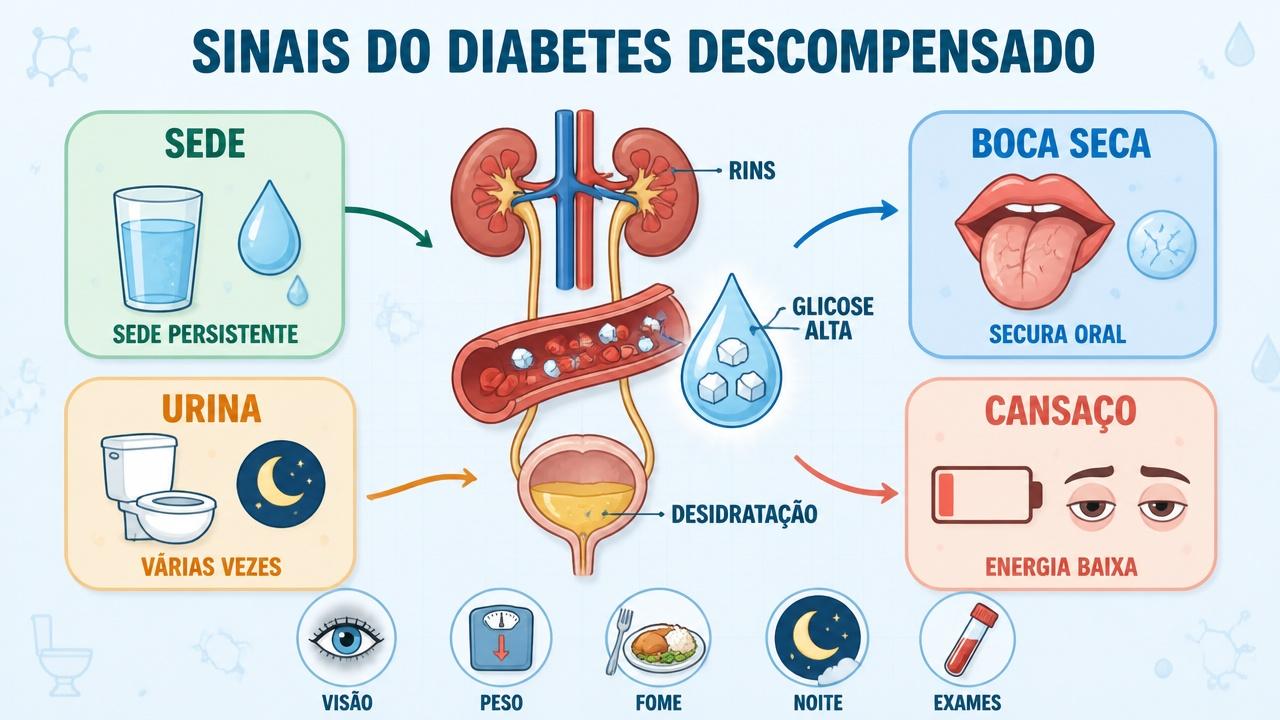 Infográfico mostra sinais centrais do diabetes descompensado e sintomas que acompanham.