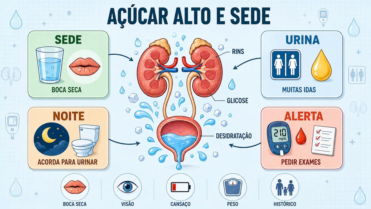 Infográfico resume sinais precoces, sintomas associados e avaliação do açúcar alto.