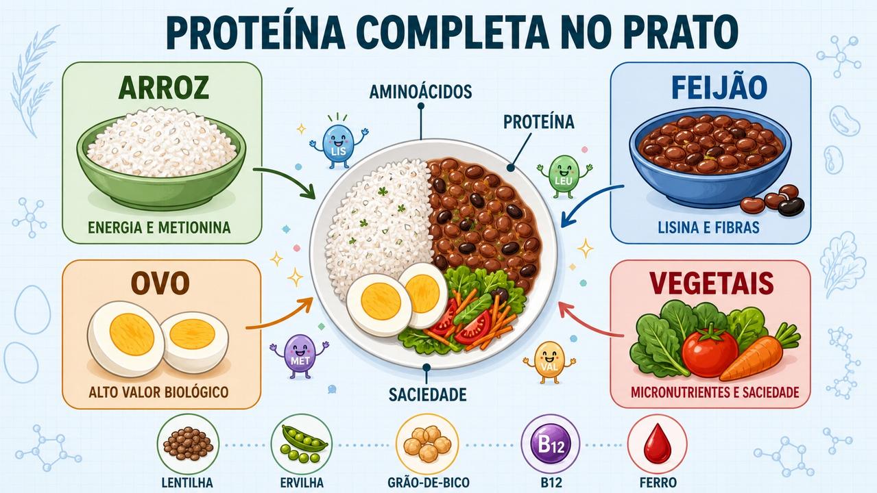 Os quatro pilares do prato equilibrado incluem proteína, fibras, energia e vegetais.