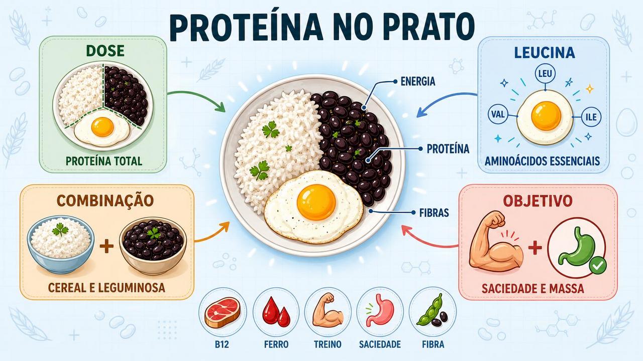 Dose, leucina, combinação e objetivo definem a qualidade proteica da refeição.
