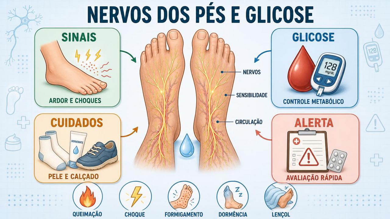 Infográfico resume sinais, glicose, cuidados diários e alertas para neuropatia nos pés.
