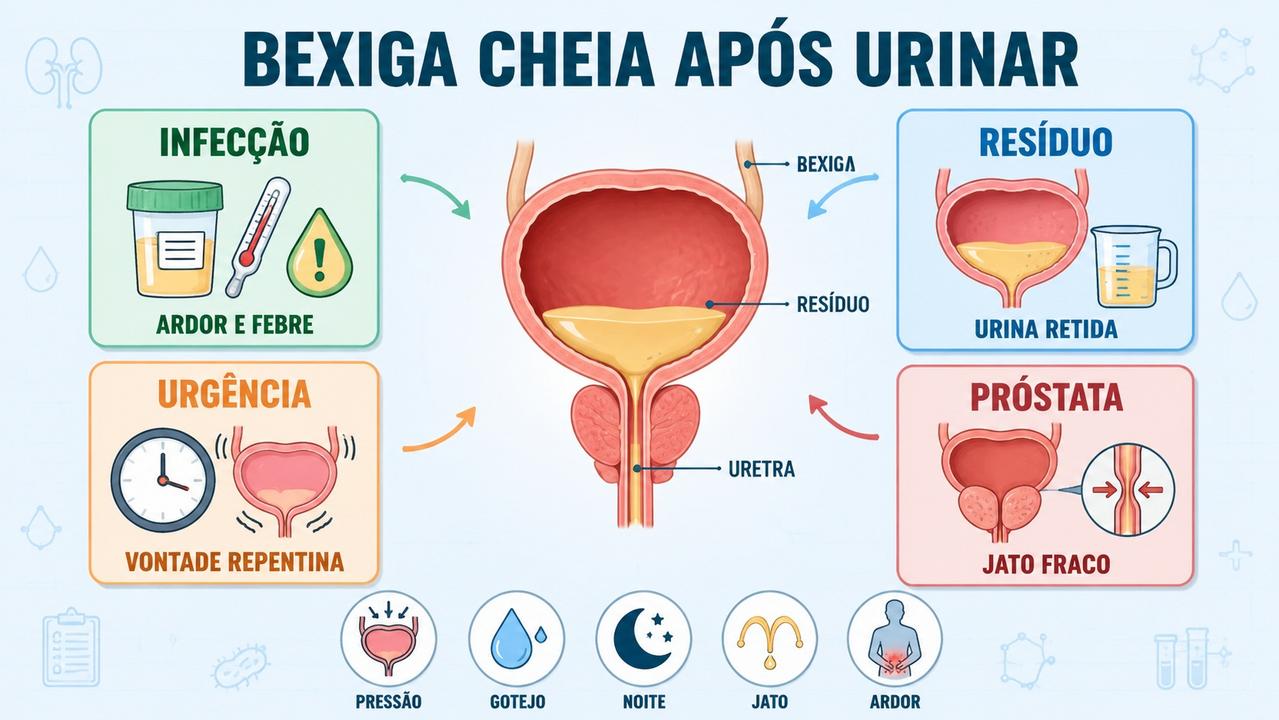 Infográfico resume infecção, resíduo urinário, urgência e próstata nos sintomas urinários.
