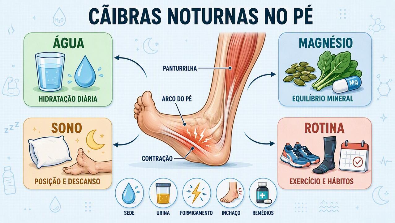 Hidratação, magnésio, sono e rotina ajudam a entender cãibras noturnas frequentes.