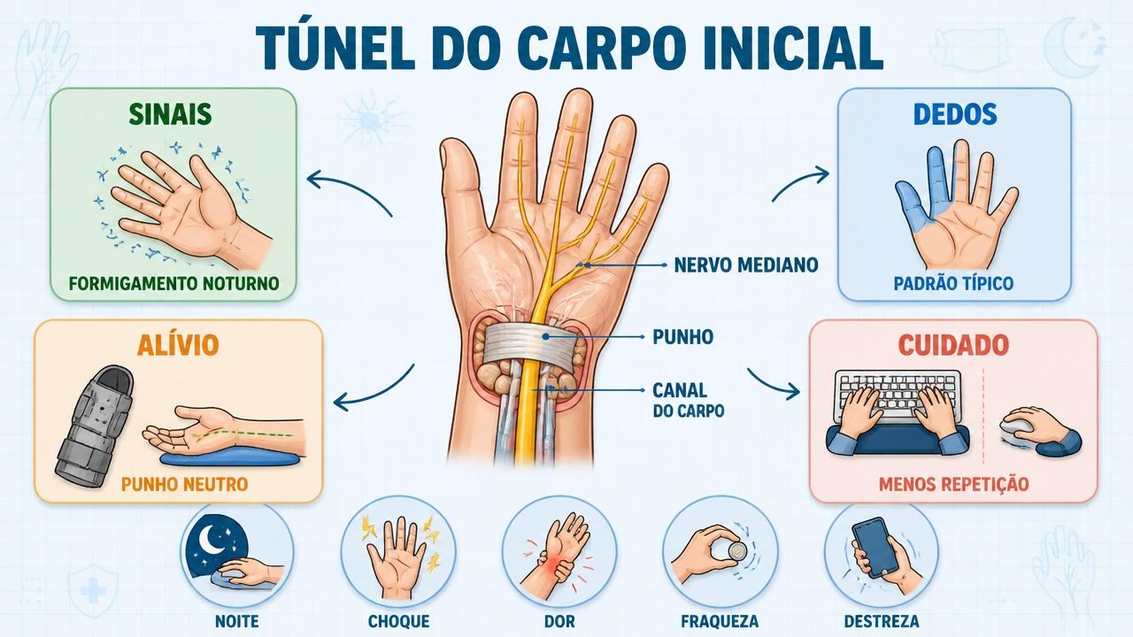 Infográfico resume sinais, dedos afetados, alívio noturno e cuidados conservadores iniciais.