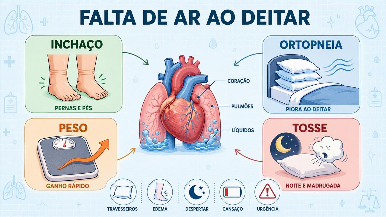 Ortopneia, inchaço, ganho de peso e tosse noturna ajudam na identificação.