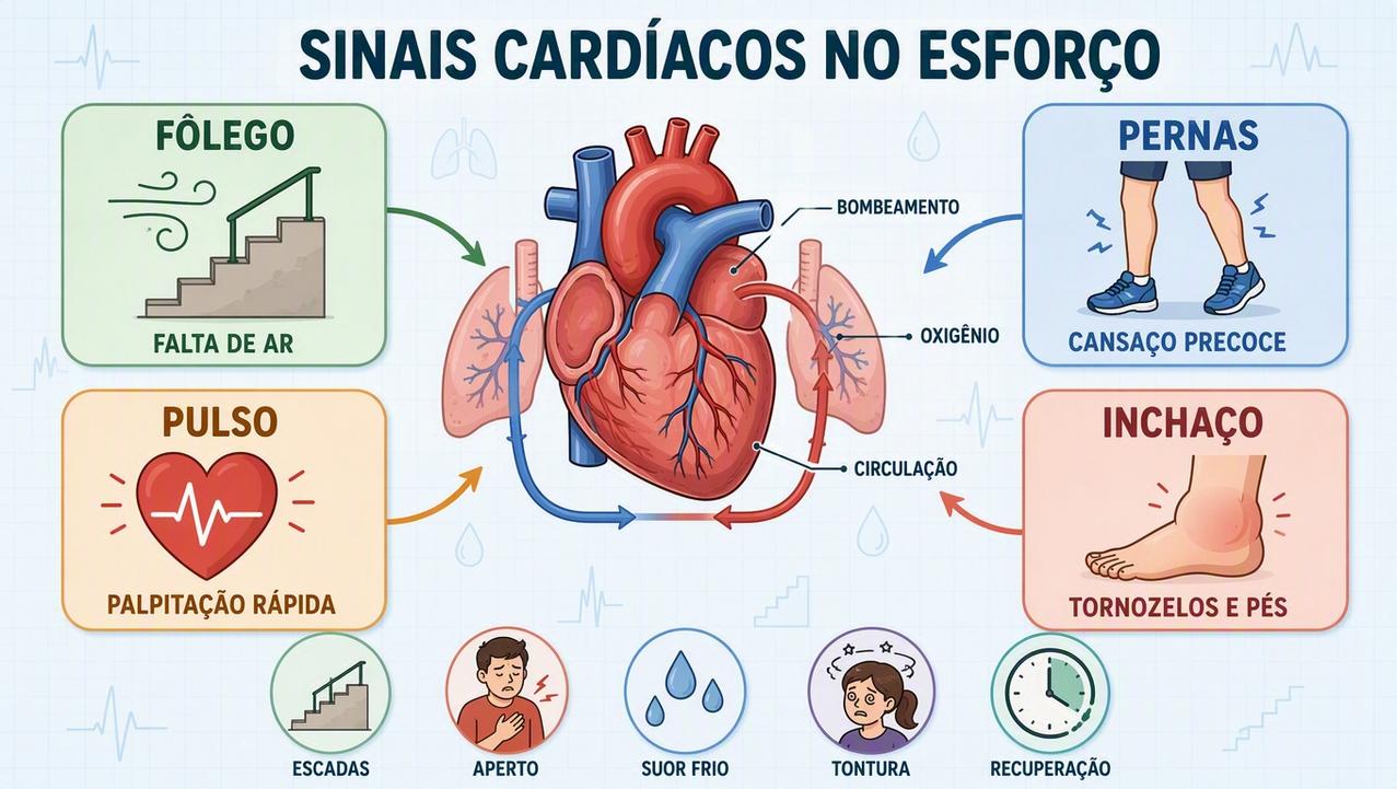Dispneia, pernas cansadas, palpitação e inchaço formam sinais de alerta cardiovascular.