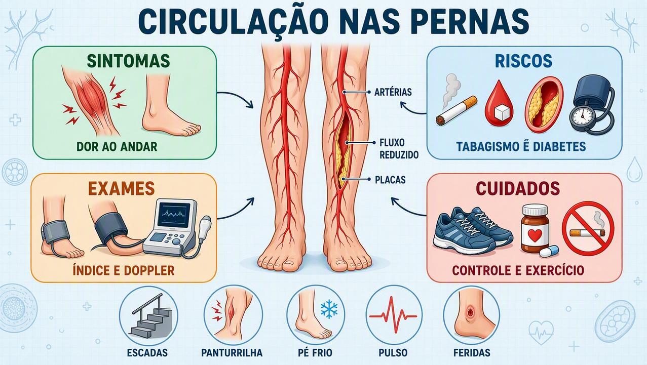 Sintomas, riscos, exames e cuidados na doença arterial periférica das pernas.