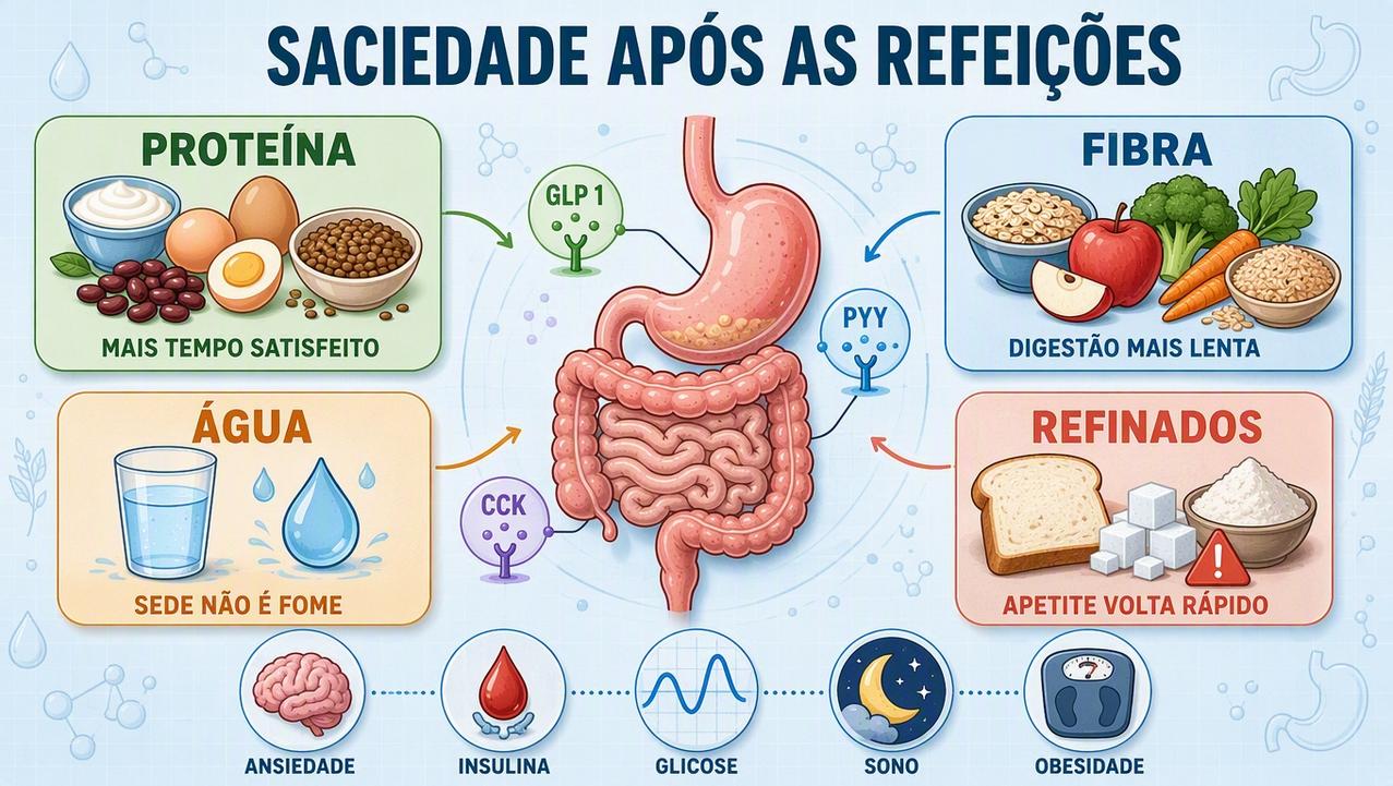 Proteína, fibra, água e menos refinados ajudam a prolongar a saciedade.