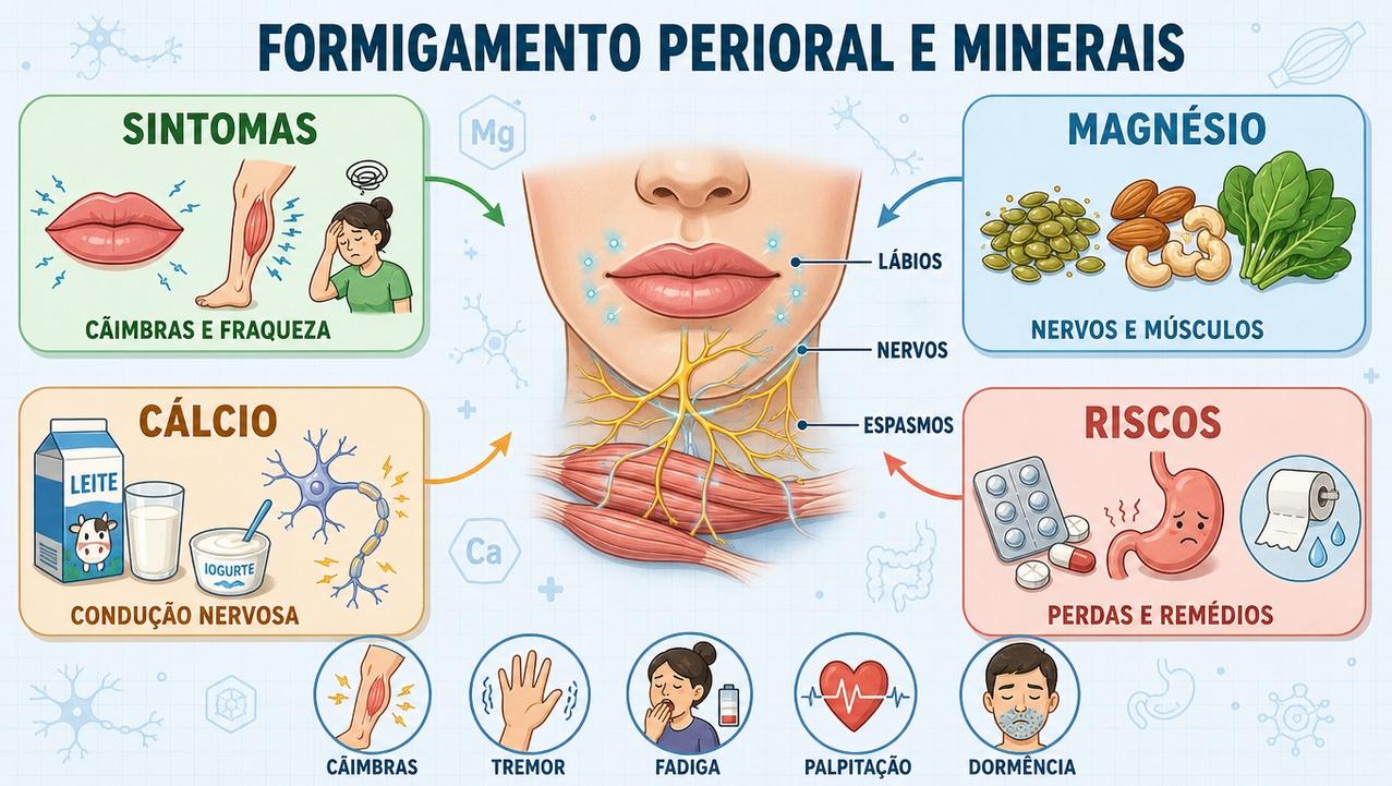 Infográfico resume sintomas, minerais, riscos e sinais associados ao formigamento perioral.