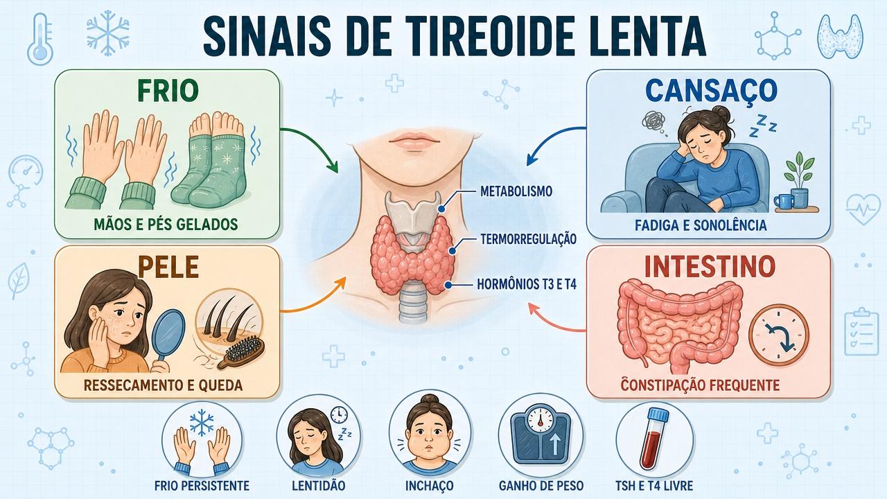 Frio, cansaço, pele seca e intestino preso formam sinais de hipotireoidismo.