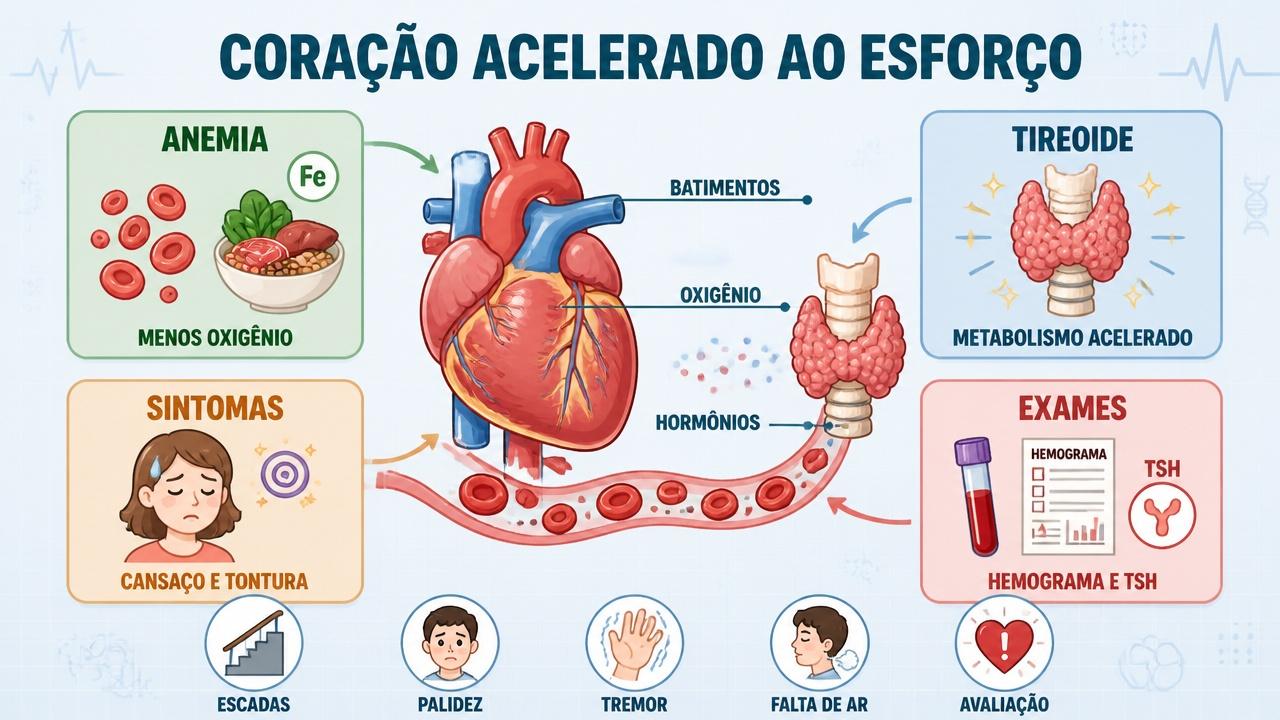 Infográfico resume sintomas, causas e exames ligados à palpitação com esforço leve.