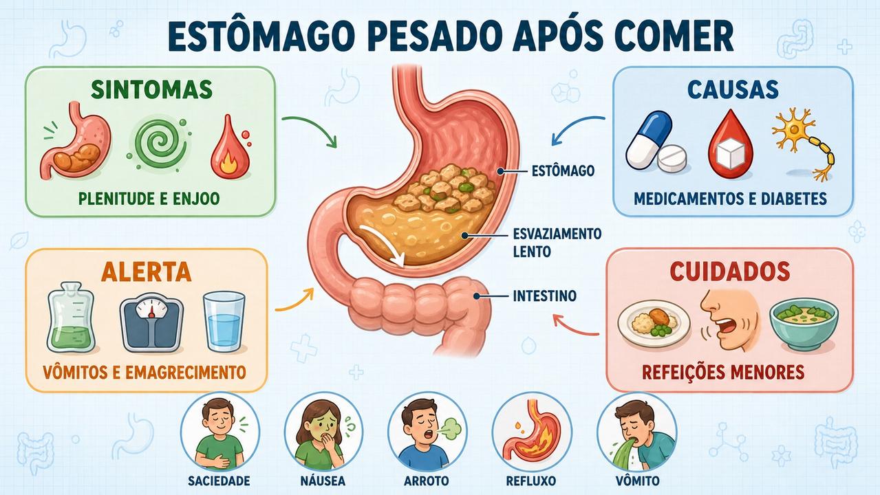 Sintomas, causas, sinais de alerta e cuidados no esvaziamento gástrico lento.