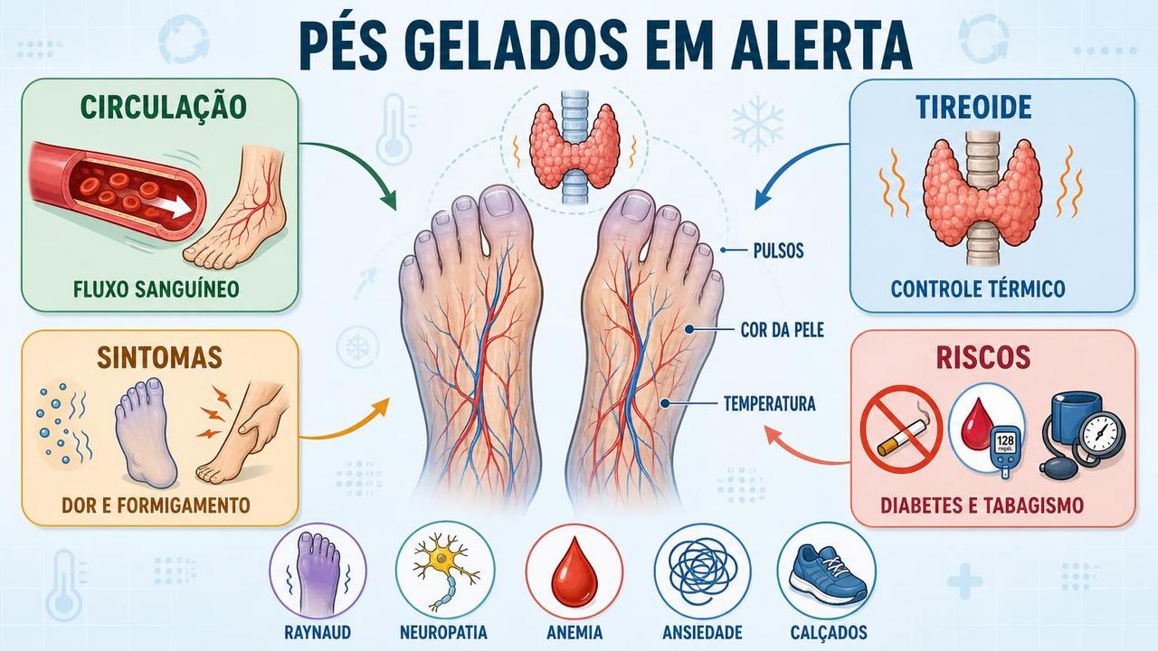 Circulação, tireoide, sintomas e riscos ajudam a entender os pés gelados.