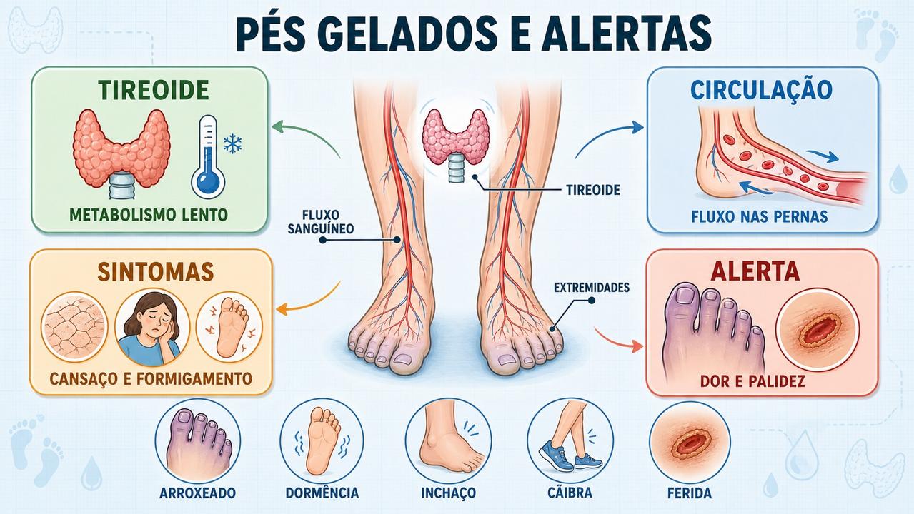 Infográfico resume tireoide, circulação, sintomas associados e sinais de alerta.