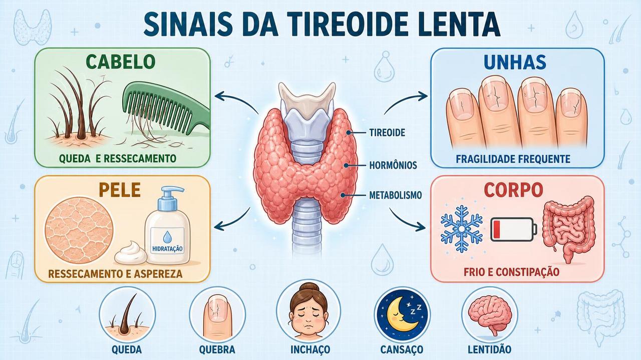 Infográfico reúne sinais comuns da tireoide lenta além de cabelo e unhas.