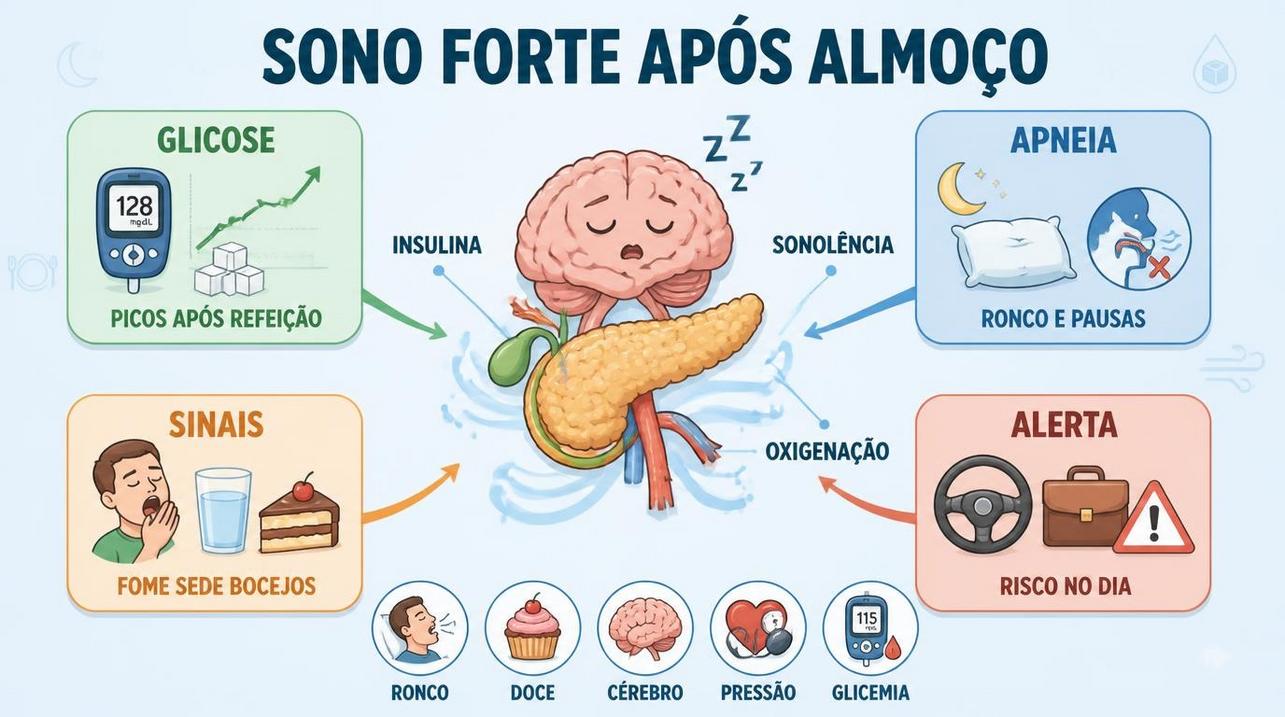 Infográfico resume glicose, apneia, sinais associados e alertas da sonolência pós-prandial.