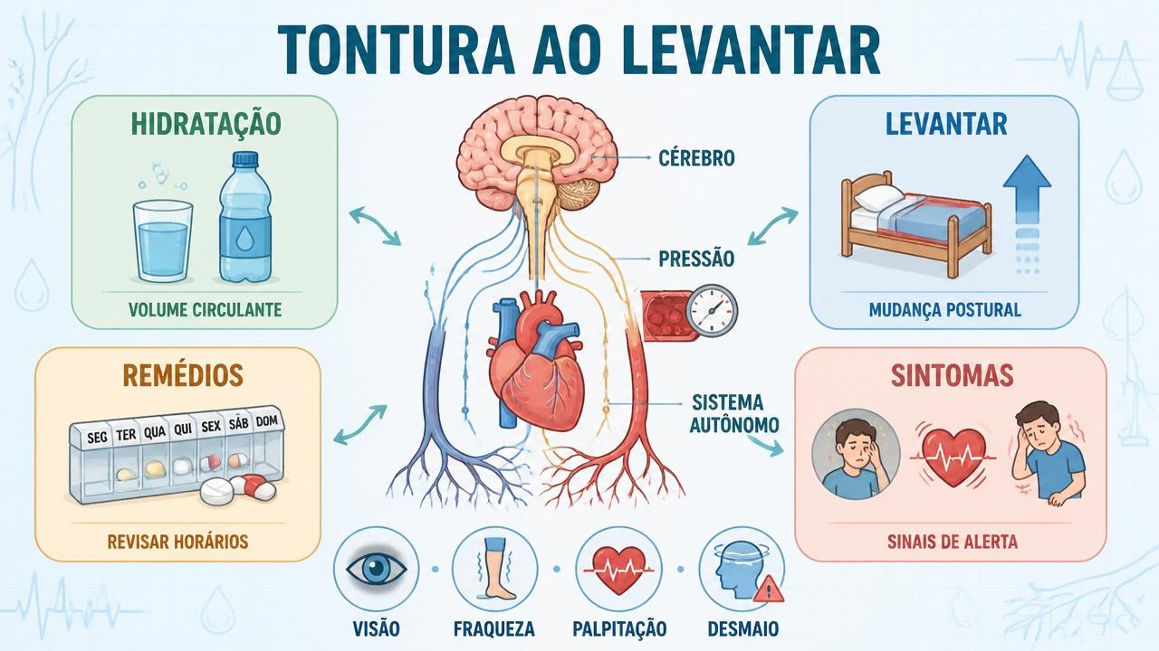 Infográfico resume hidratação, postura, remédios e sinais de alerta da tontura.