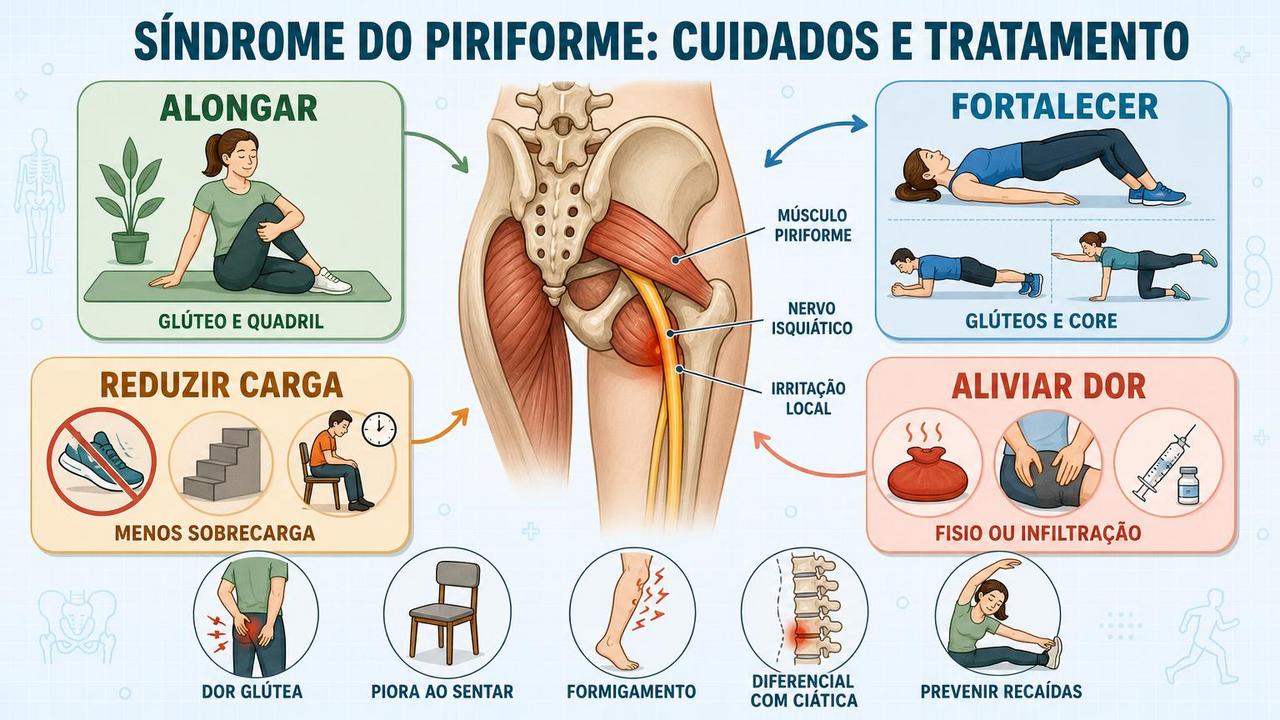 Alongamento, fortalecimento, ajuste de carga e alívio da dor guiam o tratamento.