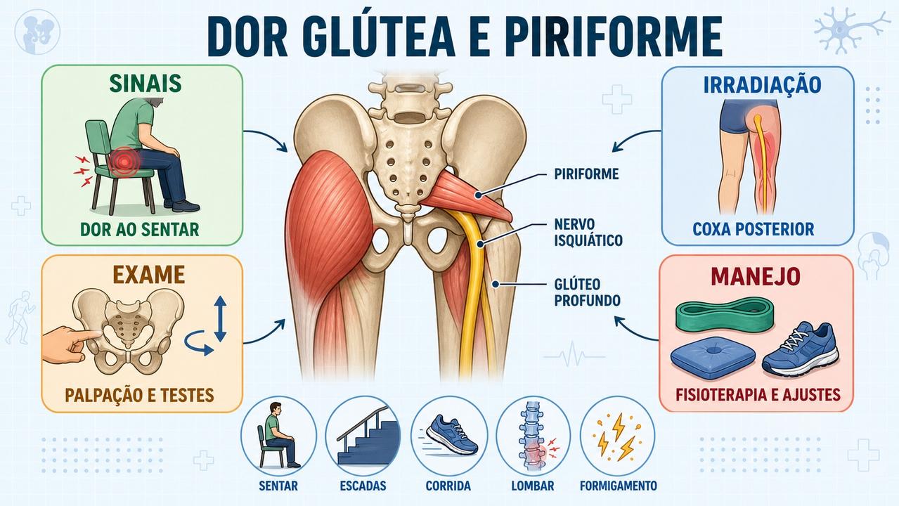 Infográfico resume sinais, irradiação, exame físico e manejo da síndrome do piriforme.