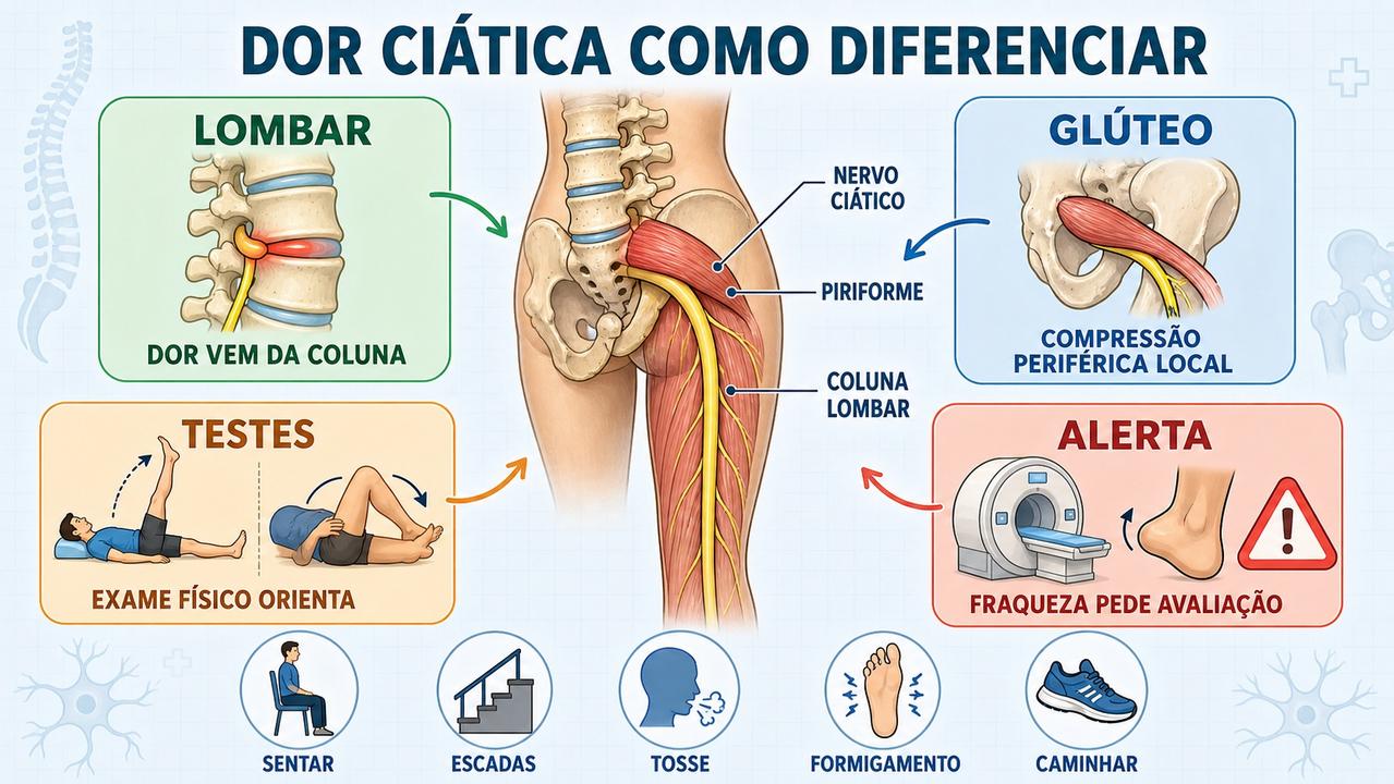 Infográfico resume sinais, testes e alertas para diferenciar piriforme e hérnia.