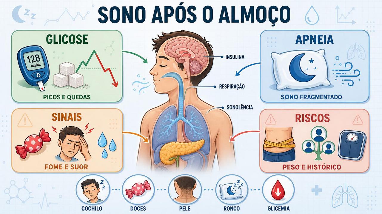 Glicose, apneia, sinais clínicos e fatores de risco explicam o sono pós-refeição.
