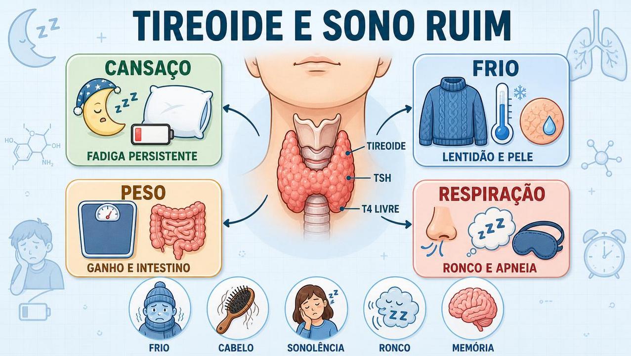 Infográfico resume sinais, exames e impactos da tireoide na qualidade do sono.