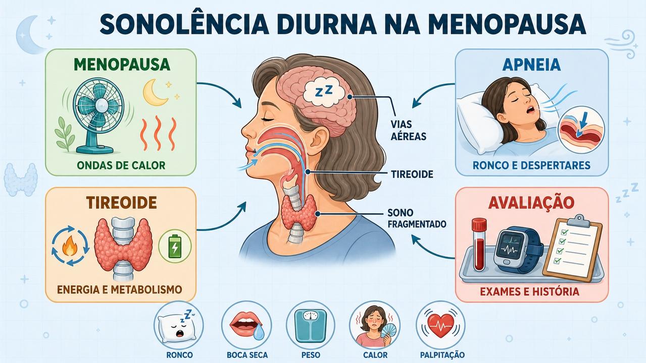Menopausa, apneia, tireoide e avaliação clínica formam os quatro pilares do tema.