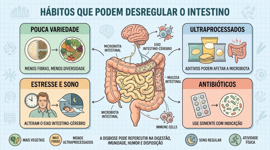 Variedade alimentar, sono, estresse e uso de antibióticos afetam a microbiota intestinal.