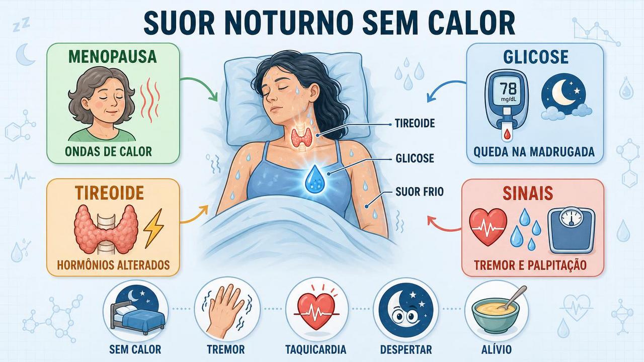 Infográfico resume menopausa, glicose, tireoide e sinais ligados ao suor noturno.