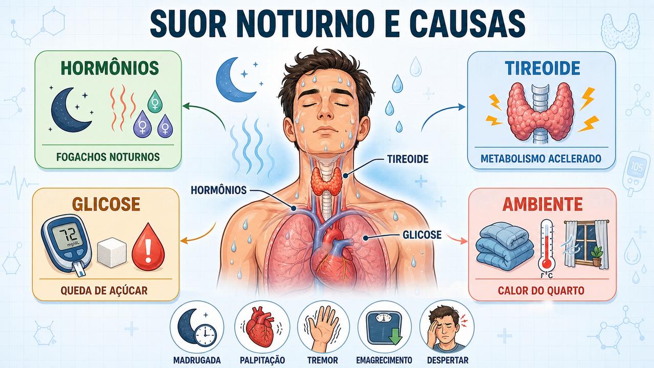 Infográfico resume hormônios, tireoide, glicose e ambiente no suor noturno.