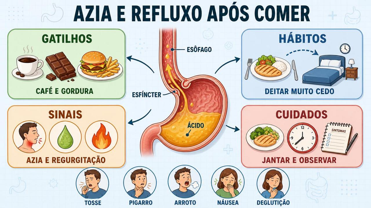 Infográfico resume gatilhos, hábitos, sinais e cuidados ligados ao refluxo.