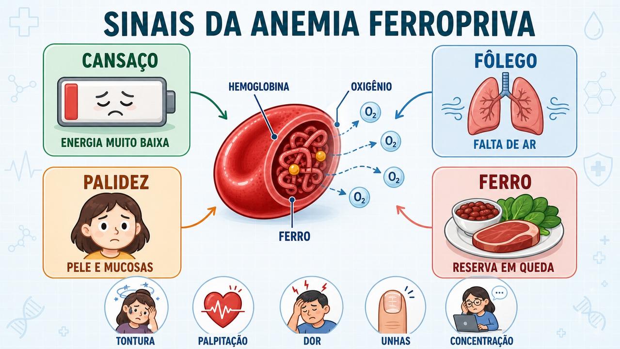 Infográfico resume sintomas e pilares visuais da anemia ferropriva e baixa oxigenação.