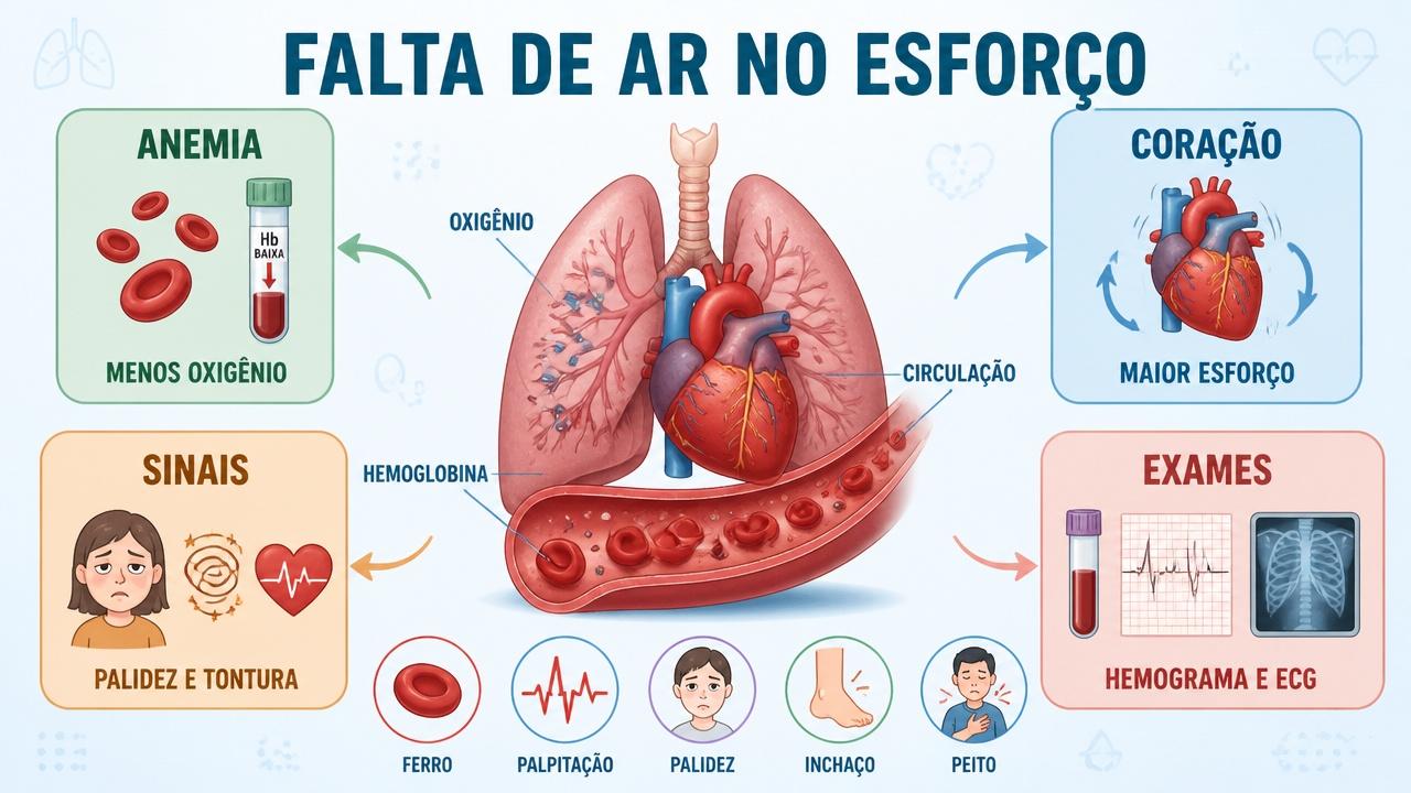 Infográfico resume anemia, coração, sinais de alerta e exames na dispneia.
