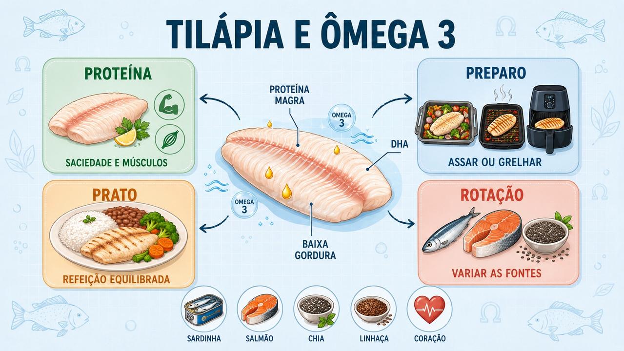 Infográfico resume proteína, preparo, composição do prato e rotação de fontes de ômega-3.