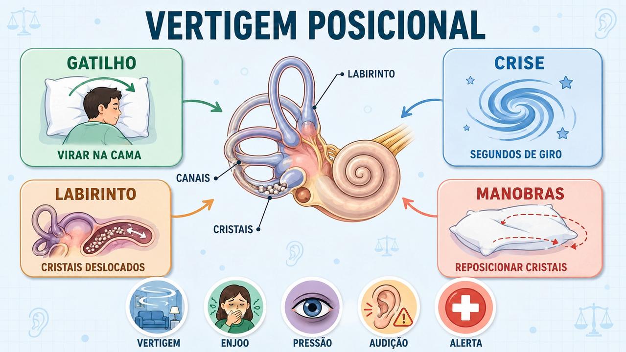 Infográfico mostra gatilhos, sintomas, labirinto e manobras da vertigem posicional.